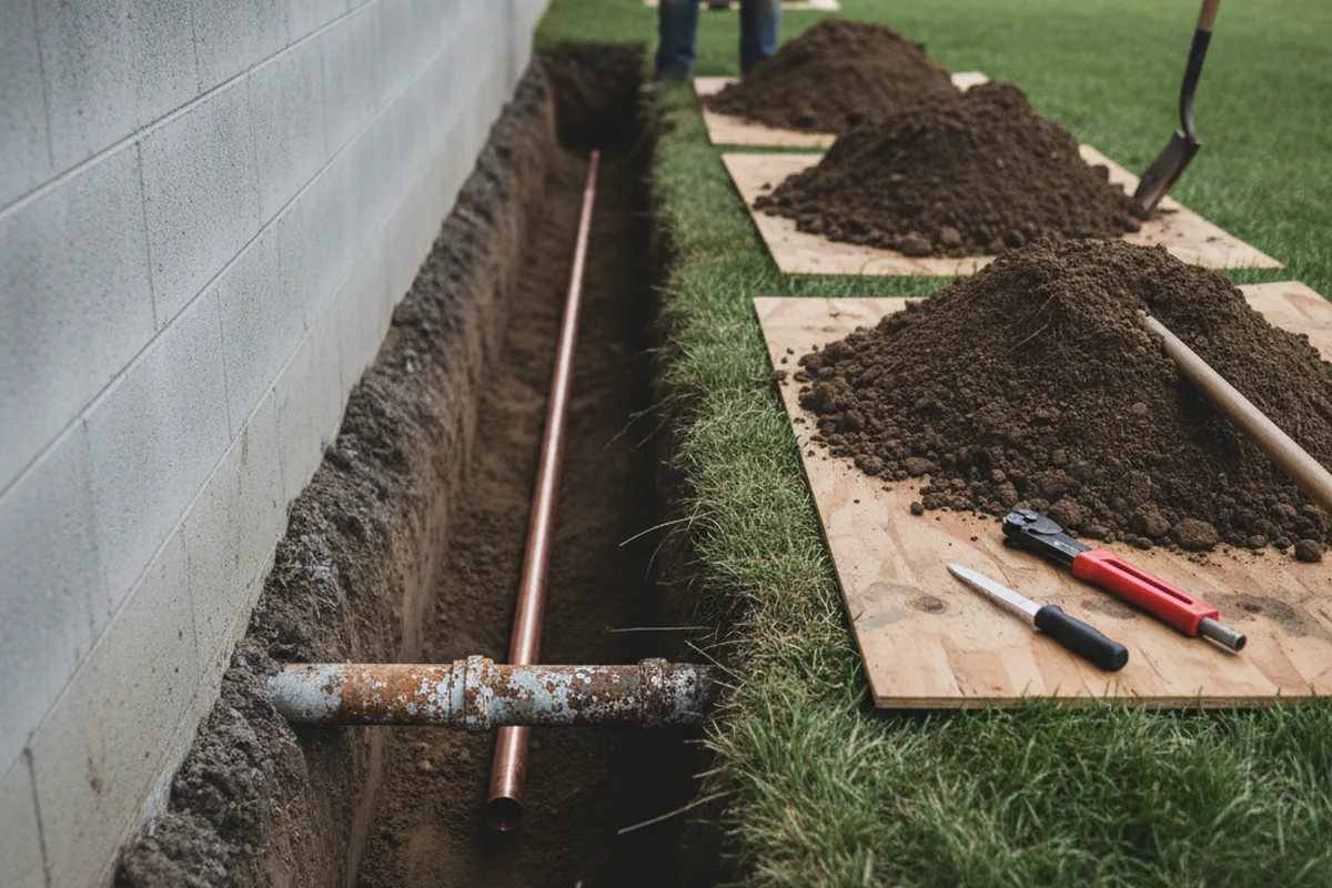 Excavated water line trench during Sewer Line Repair in Aultman